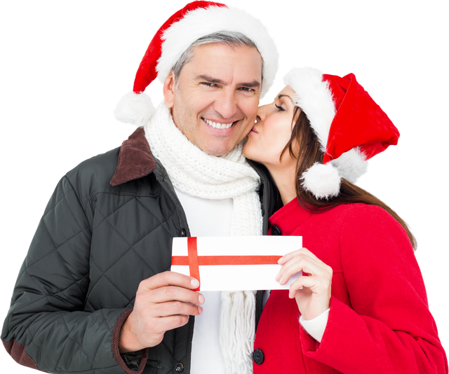 Transparent Couple in Christmas Hats Holding Gift and Sharing Kiss - Download Free Stock Videos Pikwizard.com