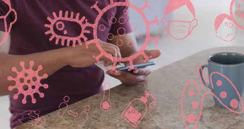 Person Texting with Mobile While Illustrations Display Coffee and Coronavirus Alert