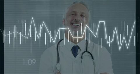 Smiling mature doctor standing with stethoscope and ecg waveform overlay showing clinical confidence