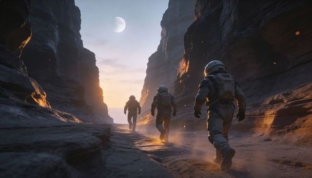 Three astronauts trekking through narrow canyon at sunset with moon rising, dust kicking