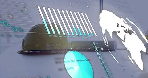 Futuristic engineering data visualization with safety helmet