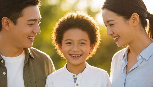 Smiling child with parents enjoying golden hour outdoors, warm backlight and family unity