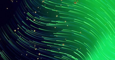 Swirling green and teal light trails flowing with gold stars, neon gradient energy