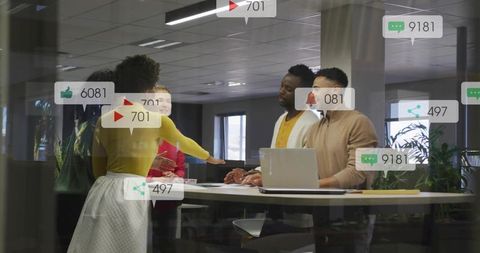 Collaborative team brainstorming with social media analytics overlays in modern glass office