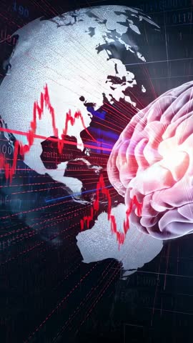 Vertical 9:16 Video Showing Rotating 3D Globe, Pulsing Brain and Real-Time Data Line Chart