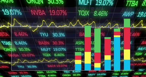 Colorful Bar Graphs Overlay Stock Market Ticker Display