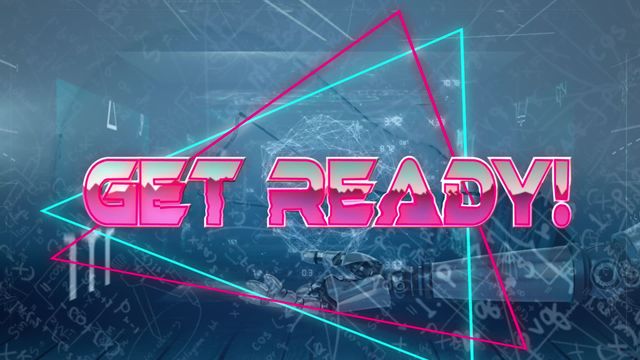 Banner features 'Get Ready' text against blue background with glowing neon shapes. Behind text, robotic hand and mathematical equations add futuristic technological feel. Suitable for technology presentations, educational purposes, sci-fi themed projects, and video game interfaces.