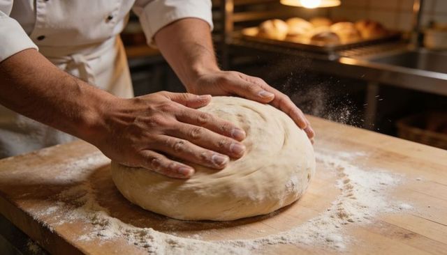 Baker kneading large round dough on floured wooden table in artisan bakery kitchen