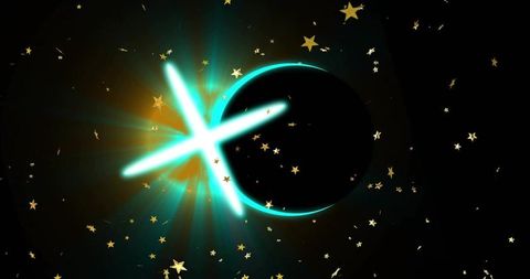 Turquoise cross beam slicing dark orb with golden stars scattering in neon cosmic scene