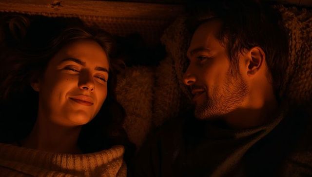 Couple lying close sharing warm golden glow and intimate gaze, cozy knit sweaters