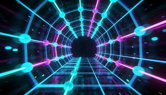 Pulsing neon hexagonal tunnel receding into futuristic cyber grid with cyan magenta glow