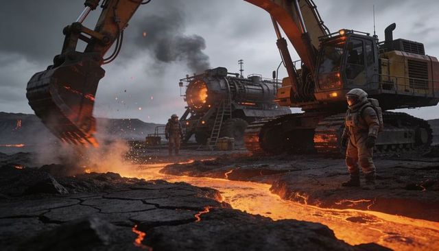 Volcanic excavation crew monitoring lava fissure with heavy excavator and mobile furnace