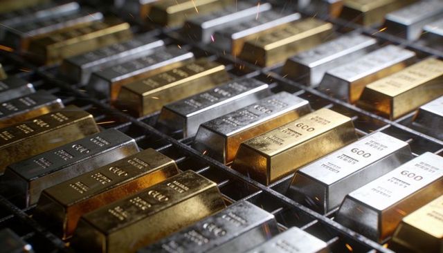 Glinting gold and silver bullion bars in vault grid with sparks and dramatic reflections