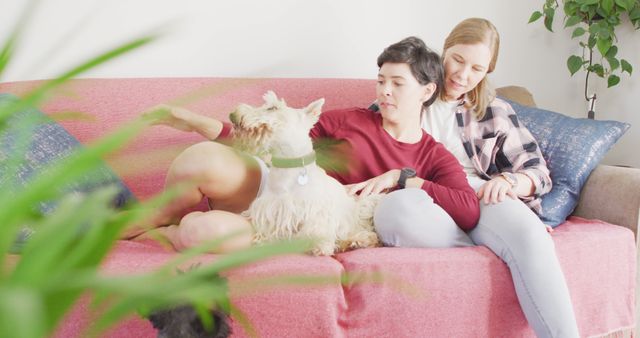 Caucasian lesbian couple sitting together on the couch with their dog at home. lgbt relationship and lifestyle concept