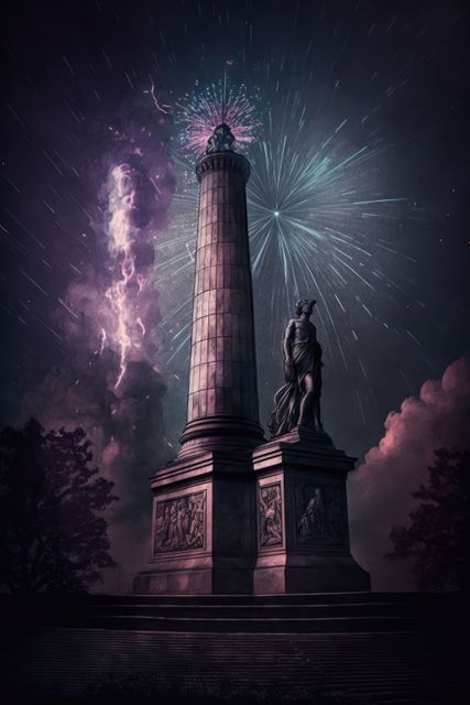 Multi coloured fireworks exploding over monument and statue, created using generative ai technology. New year's eve and celebration concept digitally generated image.