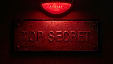 Top secret plaque under red warning light conveying danger, secrecy and high security