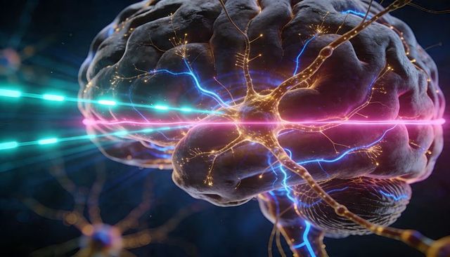 Luminescent Brain Network Showing Synaptic Signals, Neuron Pathways, AI Visualization
