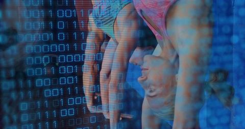 Group performing forward fold yoga with digital binary code overlay