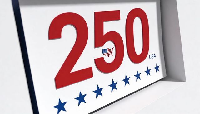 Bold red 250 number with usa map flag inside zero and blue stars patriotic minimalist graphic