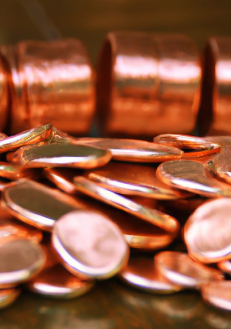 Close-up image of shiny copper coins stacked and scattered, highlighting their metallic luster. This can be used in finance-related materials, advertisements for banking or investment services, or to symbolize wealth and prosperity.