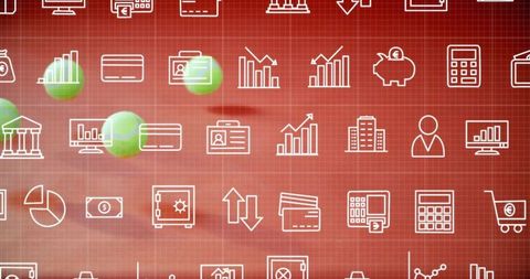 Abstract Financial Icons on Red Digital Background