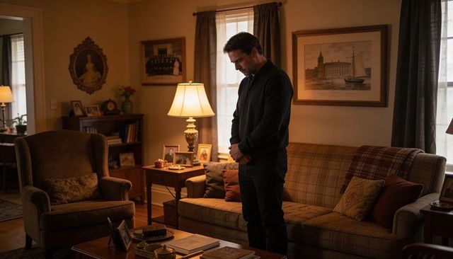 Man standing and bowing head in warm traditional living room, clasping hands, contemplative