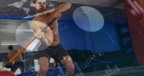 Swinging sledgehammer workout with data overlay showing functional strength and power