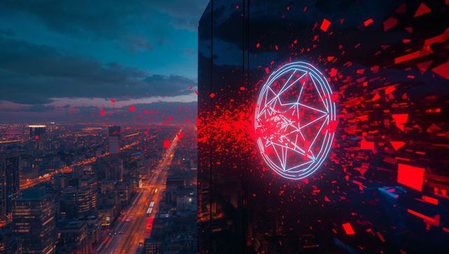 Neon sigil shattering on glass skyscraper at twilight, red shards spraying over city skyline
