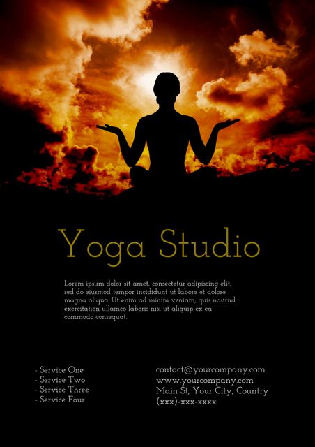 Promote wellness and mindfulness, a silhouette of a person in a yoga pose against a tranquil sunset backdrop. Ideal for meditation workshops, spa retreats, or holistic health services.