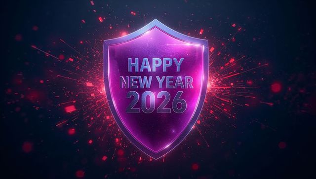 Neon Shield Happy New Year 2026 Emblem with Purple Glow and Spark Burst