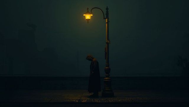 Hooded figure standing beneath ornate lamppost on foggy urban promenade night noir atmosphere