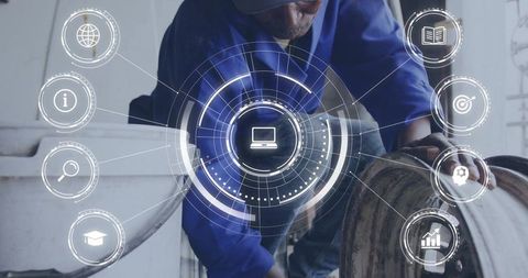 Industrial Tech Inspecting Drum with AR HUD for Equipment Monitoring and Efficiency