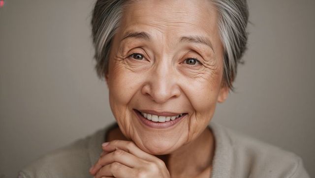 Warm senior asian woman smiling with clasped hands closeup portrait, serene expression