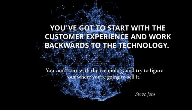 This image can be effectively used in professional presentations, business seminars, or corporate websites. The underlying digital network graphic connects the quote to the tech industry, portraying an emphasis on the user-first approach. Perfect for use in promotional materials, social media posts, or internal communications to boost motivation and innovation focus among teams.