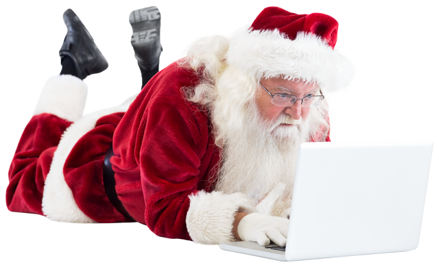 Transparent Santa Claus Using Laptop On Floor With Focused Expression - Download Free Stock Videos Pikwizard.com