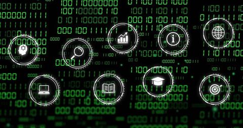 Digital data matrix with circular ui icons for analytics dashboard and tech visualization
