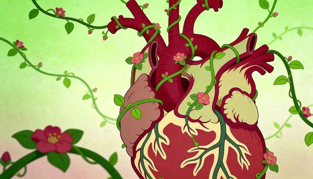 Anatomical heart entwining with flowering vines and pink blossoms on soft green gradient
