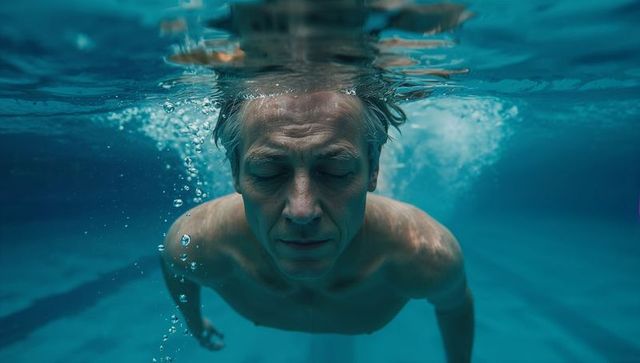 Senior Man Floating Underwater in Tranquil Pool