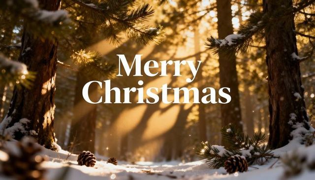 Glowing Merry Christmas Serif Typography on Snowy Pine Forest Floor with Sunbeams
