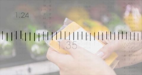 Hands inspecting packaged product with measurement overlay in grocery aisle