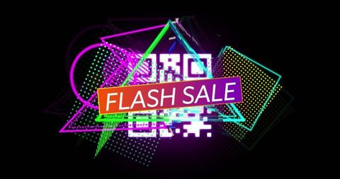 Neon Flash Sale Banner with Geometric QR Code Composition