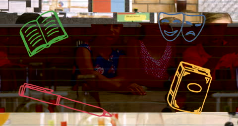 Animated School Icons with Students Learning in Classroom