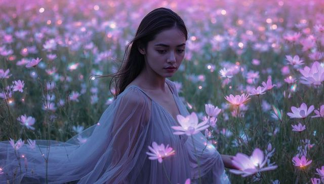 Ethereal woman in sheer gown amidst magical cosmos field at dusk