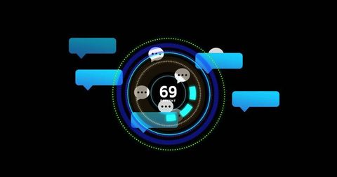 Futuristic chat hud showing 69 percent neon gauge and floating blue speech bubbles