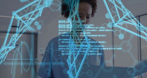 Medical Researcher Exploring Holographic Molecular Lattice with Augmented Reality Overlay