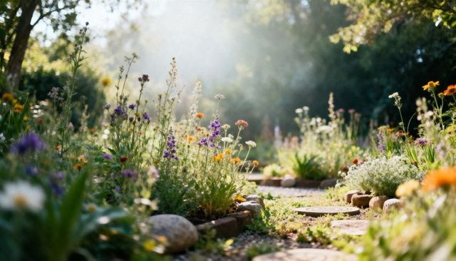 Winding cottage garden pathway leading through wildflower borders with sunlit stepping stones
