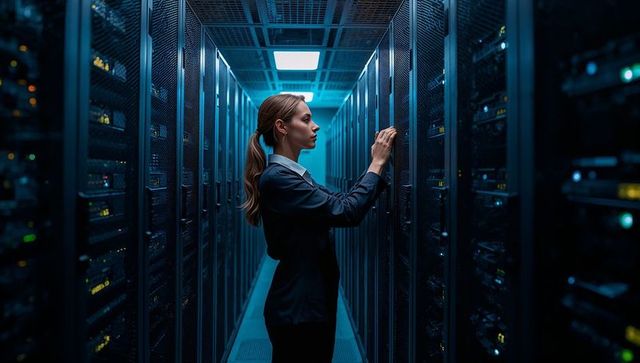 It technician adjusting server rack in data center aisle