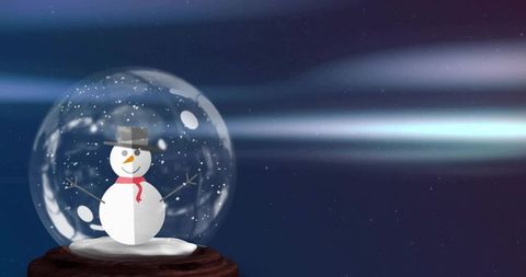 Snow globe with smiling snowman on wooden base set against glowing winter night background