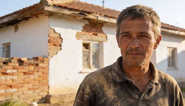 Rural contractor standing in front of cracked brick house with dust-stained shirt