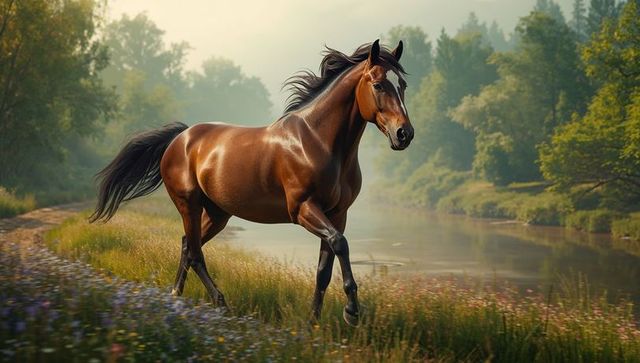 Majestic Horse Trotting on Grassy Riverbank in Forest Clearing